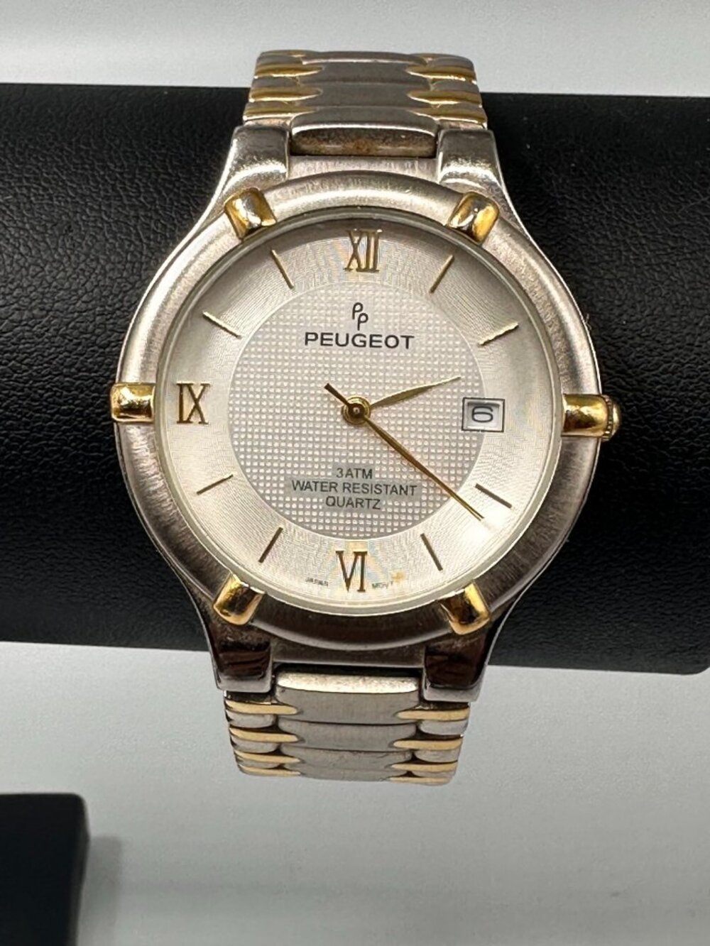 Peugeot Watch Mens Silver Gold Two Tone Date Window 32MM New Battery 8"